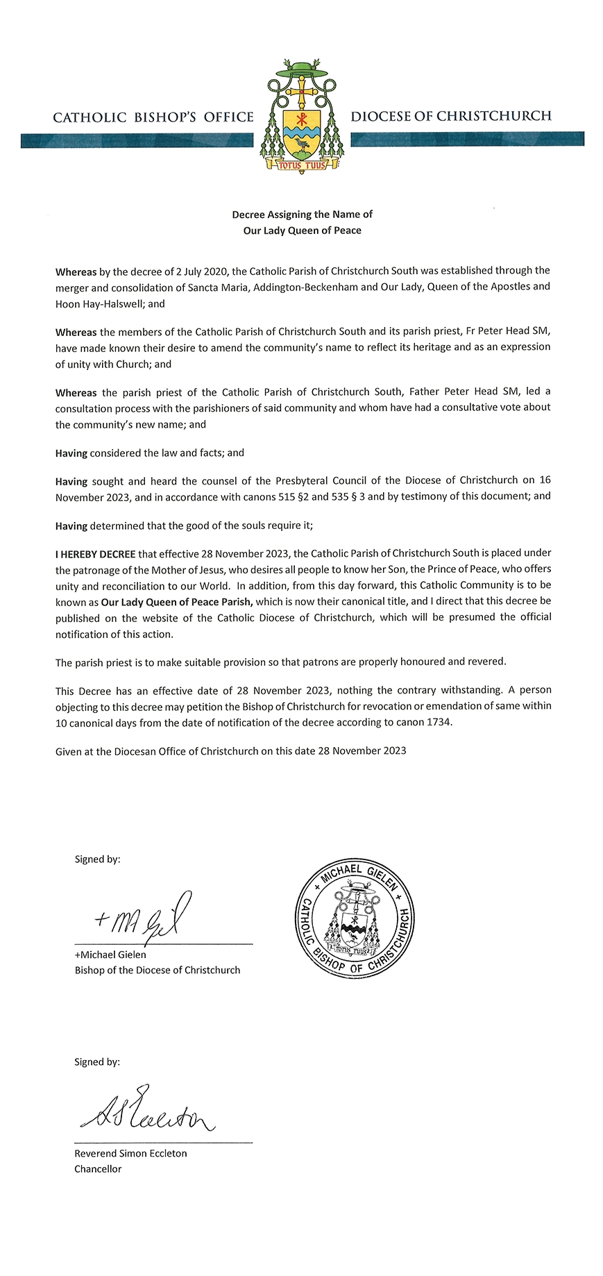 Decree Assigning the Name of Our Lady Queen of Peace