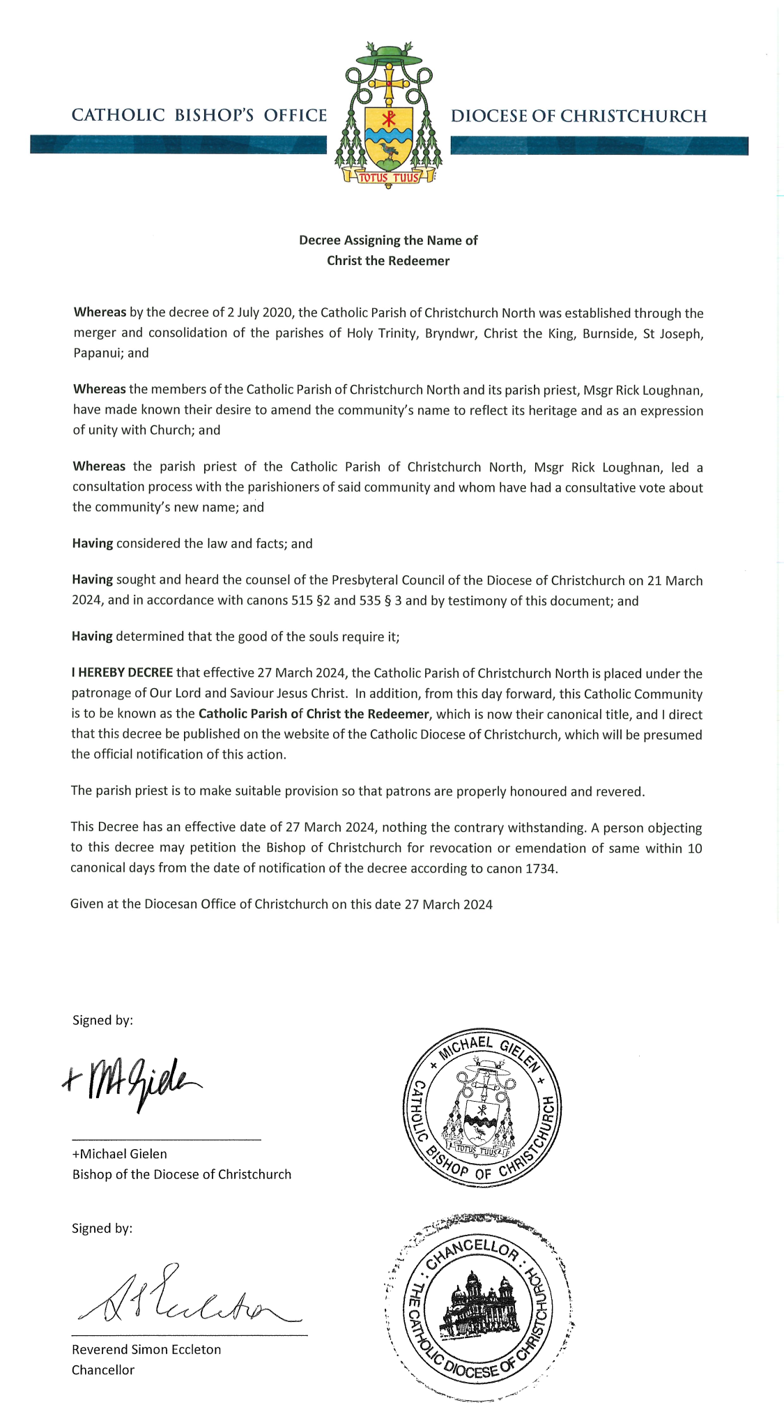 Decree Assigning the Name Christ the Redeemer