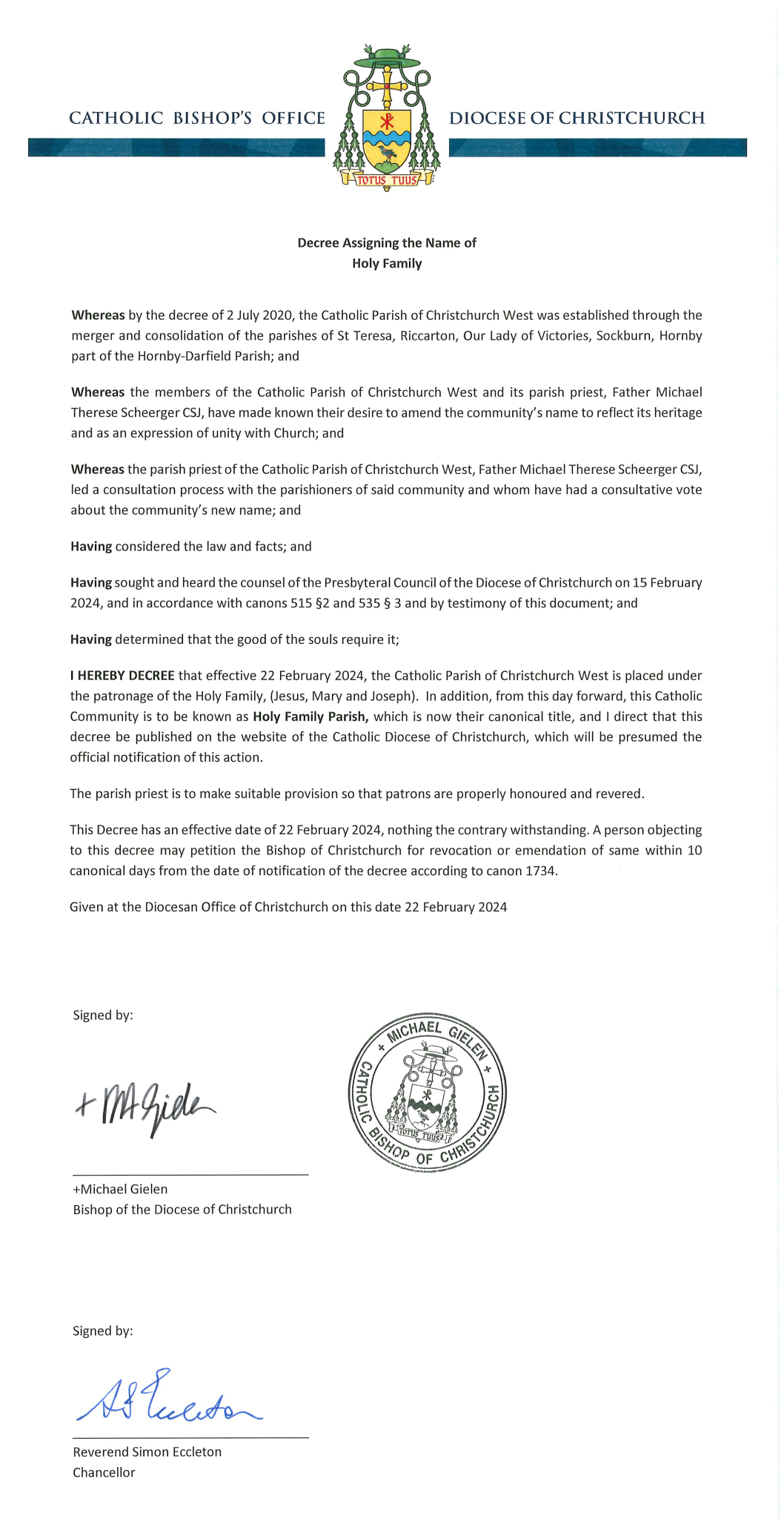 Decree Assigning the Name of Holy Family
