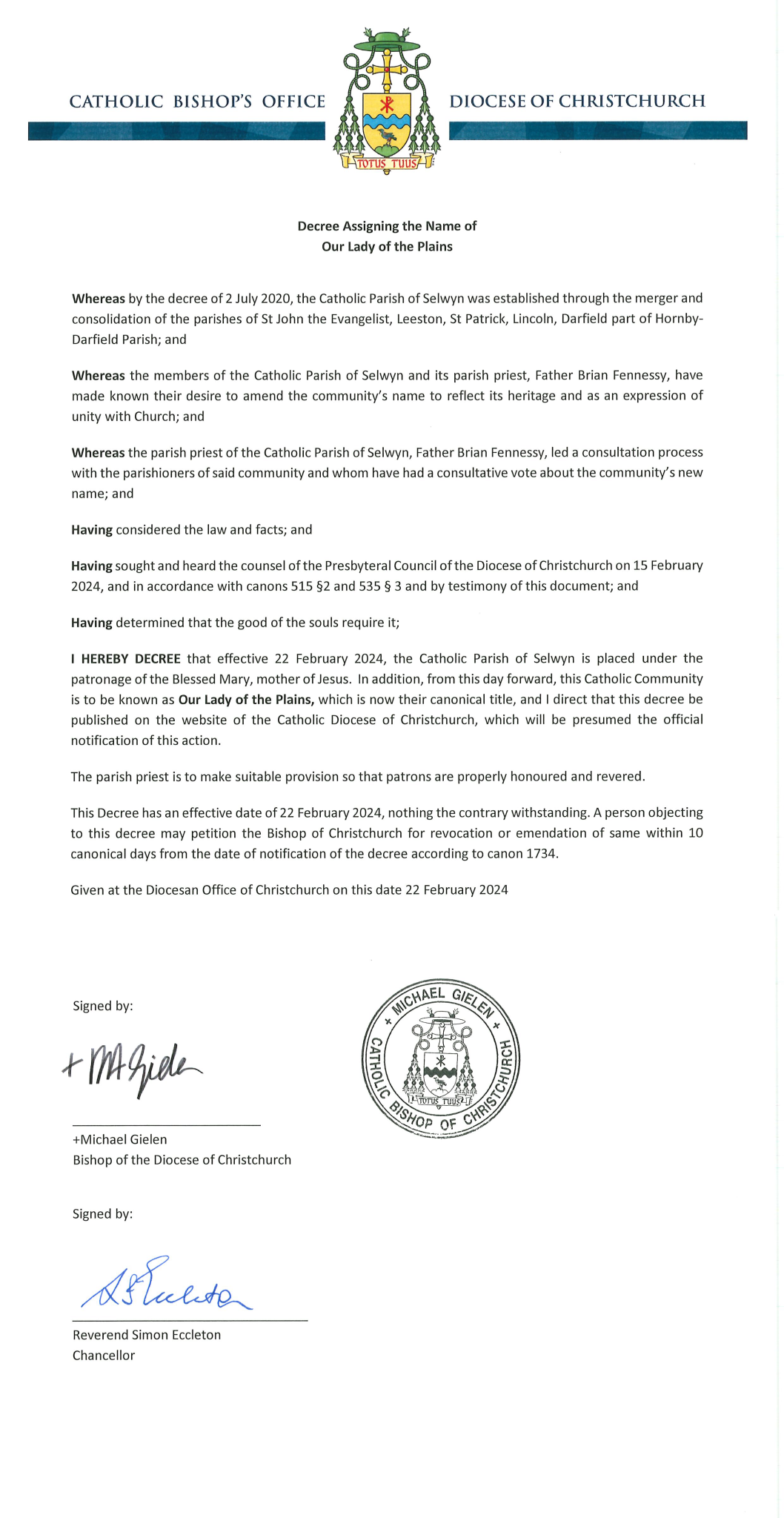 Decree Assigning the Name of Our Lady of the Plains