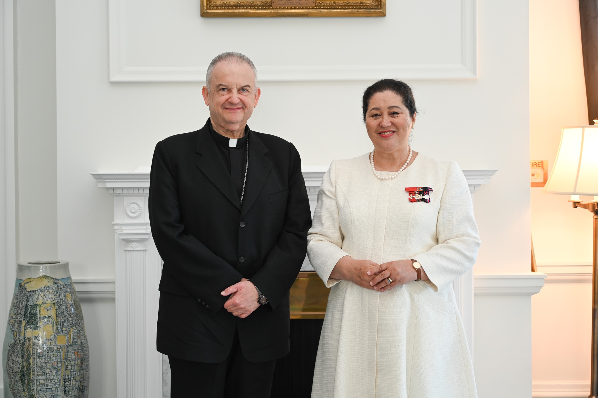 Archbishop Gabor Pinter Apostolic Nuncio with Govenor General Dame Cindy Kiro