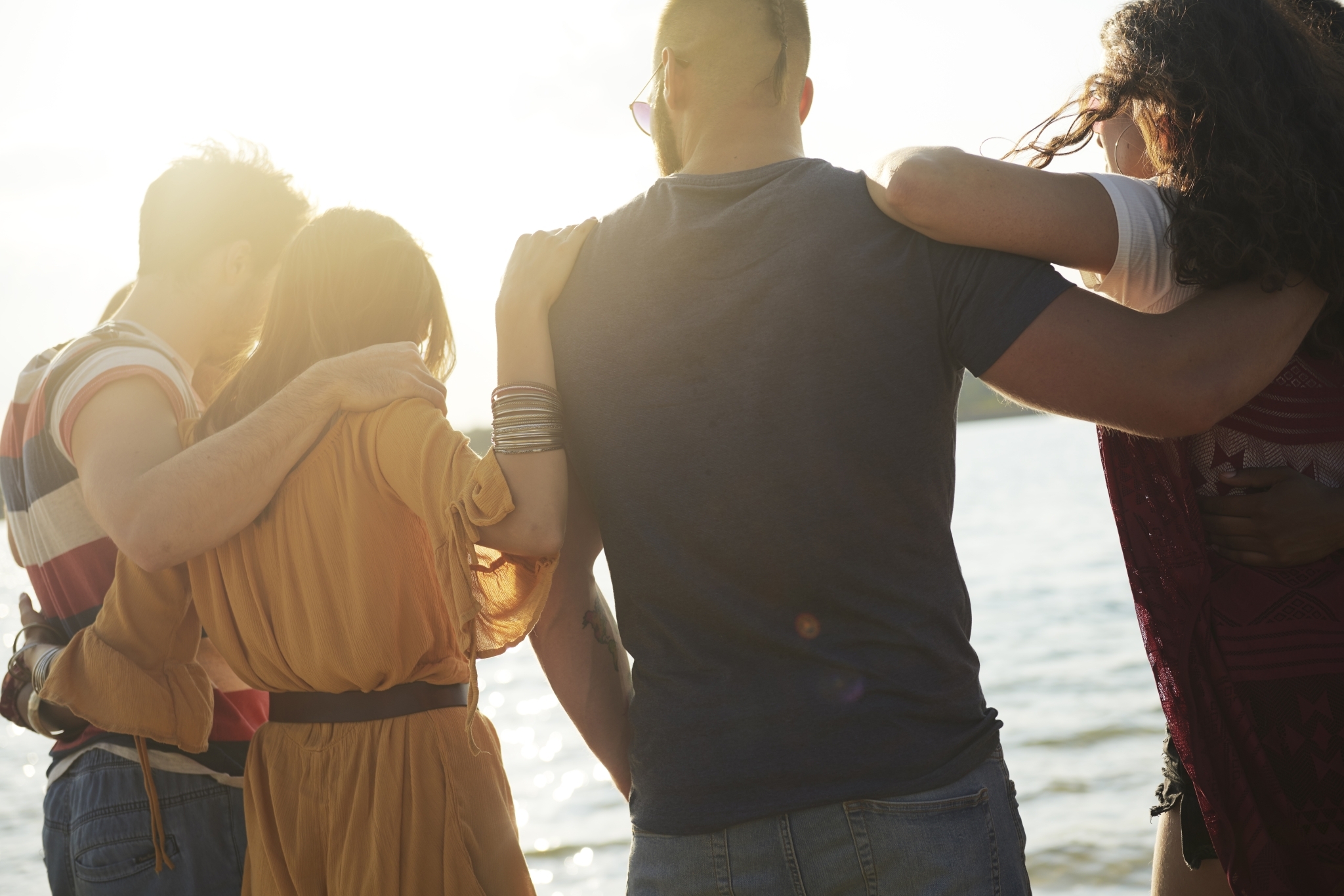 Friendship Unity Together Water Sunset Hug